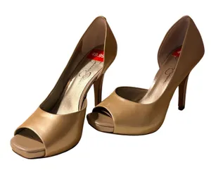 Jessica‎ Simpson Josette Pumps Womens 7.5 Gold Excellent Peep Toe d'Orsay Heels thumbnail 1
