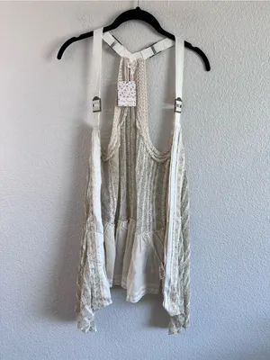 NWT Free People Women's Pretty Cool Boho Mixed Media Ivory Combo Vest‎ Duster thumbnail 2