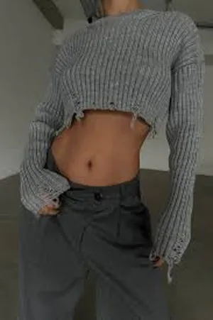 Zara Foil Silver Distressed Frayed Chunky Ribbed Crop Sweater Size Small thumbnail 1