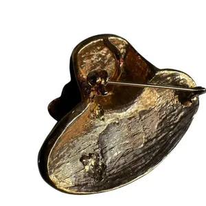 Red Enamel Wide-Brim Hat Brooch w/ Rhinestone Bow, Gold Tone thumbnail 7