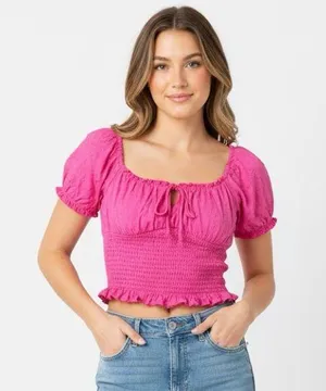 HOLLISTER Women’s Scrunched Off Shoulder Babydoll Top thumbnail 1