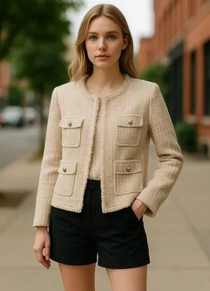 NWT NANETTE nanette lepore Pearl Button Tweed Jacket Large Oatmeal thumbnail 2