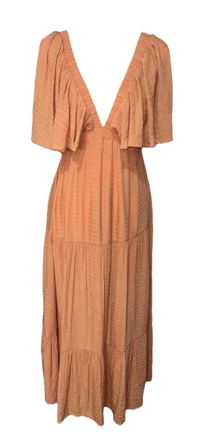 Vestique V-Neck Open Back Peach Ruffled Maxi Lined Dress Size M thumbnail 1
