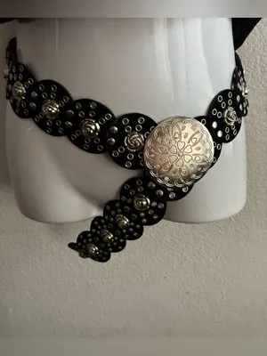 Vintage Wide Faux Leather Belt with Concho Discs Adjustable Roses Details thumbnail 2