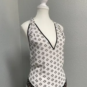 White House Black Market Geometric Halter Top Fringe Tassel White Black Brown thumbnail 2