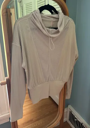 Free people movement cream oatmeal ribbed lightweight hoodie size large thumbnail 1