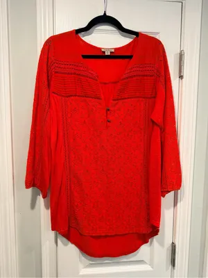 Lucky Brand Size XL Red Lace Boho Tunic Blouse 3/4 Sleeve Floral Peasant Top thumbnail 1