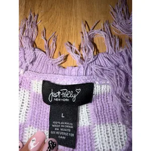 Just Polly New York Purple White Checkered Distressed Frayed V-Neck Sweater L thumbnail 3