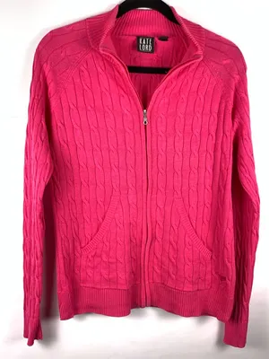 Kate Lord Womens Sweater L Pink Cable Knit Full Zip Golf Cardigan Pockets thumbnail 3