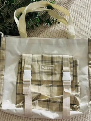 Cottagecore Cream Plaid Multi Piece Tote Set Canvas Buckle Bag thumbnail 2