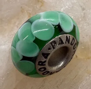 Pandora ALE Green Murano Glass White Hearts Charm Sterling Silver 925 Bead thumbnail 1