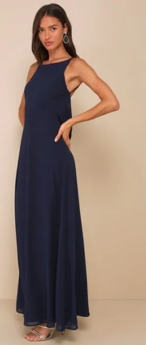 LULU's Prom Wedding Flowy Romantic Open Back Navy Chiffon Maxi Dress NWOT thumbnail 1