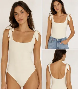 Intimately Free People NWT Off White Ivory Thong Bodysuit Faux Tie Tank Sz Large thumbnail 2