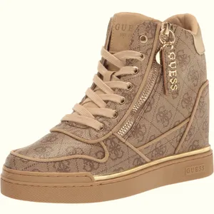 Guess Fiora Wedge Sneaker Lace and Zip Up Brown Cream Gold Shoes Womens 5 M thumbnail 2