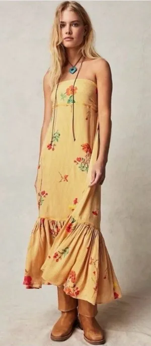 Free People Bohemian Rosie Posie Strapless Midi Dress Yellow Floral Size Small thumbnail 1