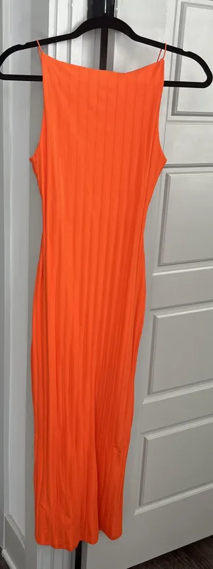 Zara Ribbed High Square-Neck Midi Dress in Orange thumbnail 2