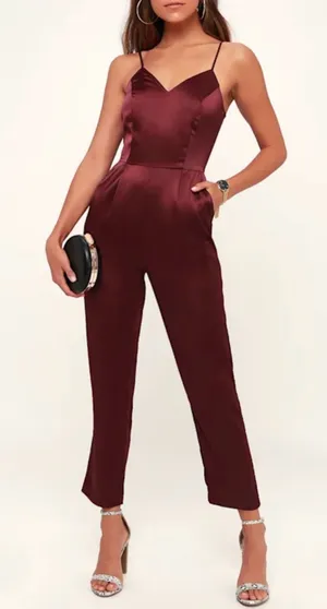 Lulus Women’s Touch of Heaven Burgundy Satin Sleeveless Jumpsuit size Large thumbnail 1