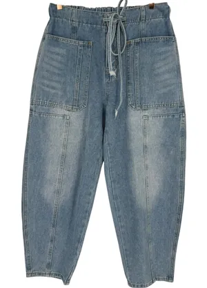 NWT Unbranded Womens Light Wash Barrel Leg Jeans Elastic Waist‎ Blue Size Large thumbnail 1