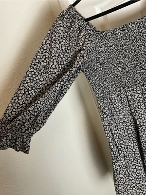 Madewell Black Floral Smocked Mini Dress Medium Cottagecore Puff Sleeve thumbnail 5
