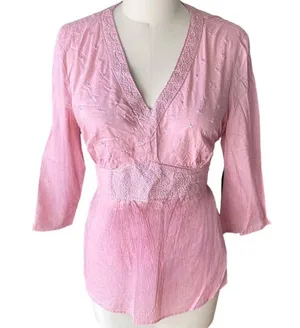CATO Pink Embroidered Cotton Bohemian Tunic Blouse Boho Top ~ Women's Size XL thumbnail 2