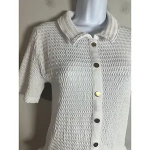 Loft White Smocked Short Sleeve Button Front Polo Cardigan Ruffle Hem Top S SP25 thumbnail 4