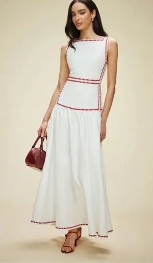 Anthropologie lovers NWT COMMENSE White and Red Trim Maxi back Bow Dress Small thumbnail 1