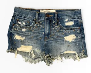 Abercrombie Fitch Distressed‎ Beaded Denim Shorts Blue 00/24 Frayed Hem Mini Y2K thumbnail 1