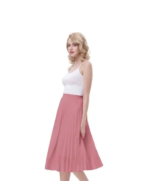 Kate Kaspin Women's High Elastic Waist Pleated Midi A-Line Swing Skirt Pink Larg thumbnail 2