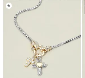 14K Gold Plated Stone Cross Two Tone Heart Cross Horsebit Carabiner Charm Necklace thumbnail 2
