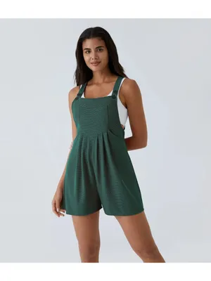 Halara Pockets Waffle Casual Short Overalls Green L thumbnail 3