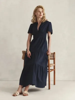 Quince 100% Organic Cotton Poplin Tiered Maxi Dress Navy Blue Size L thumbnail 2
