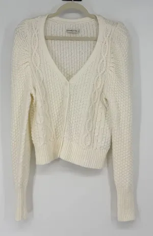 Abercrombie & Fitch Cable Knit Cardigan Sweater Cream V Neck Size‎ L thumbnail 1