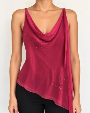 2000s Y2K Fairy Goddess Asymmetrical Handkerchief Hem Cowl Neck Beaded Sequin Top Blouse Pink #Whimsical #Mystic #Feminine #Angelic #Rave Festival Party Vintage thumbnail 1