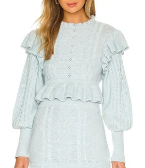 MAJORELLE Langley Cable Ruffle Sweater Small Blue Coquette Cottagecore Boho thumbnail 1