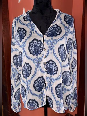 Zara Blue and White Paisley Button-Up Blouse thumbnail 1