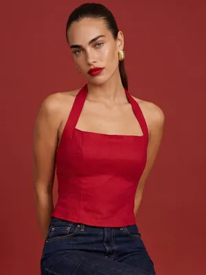 NWT Few Moda Dixie Linen Top Size 6 Red halter smock Kourt thumbnail 5