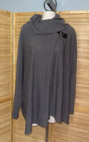 Napa Valley gray knit poncho wrap turtleneck sweater faux leather buckle L XL thumbnail 1
