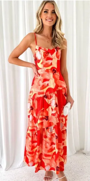 INDIKAH NWT Seona Maxi Dress Orange Watercolor Print Spaghetti Straps Size Small thumbnail 2