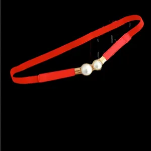 Red & gold pearl‎ belt Imitation Pearl Pair Buckle Thin Belt Monochrome Elastic thumbnail 9
