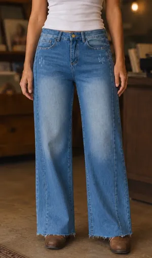 Commense High Rise Wide Leg Raw Hem Jeans Women Medium Light Wash thumbnail 1