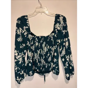 Abercrombie Dark Green Cream Floral Cutout Long Sleeve Smock Back Crop Top L thumbnail 2