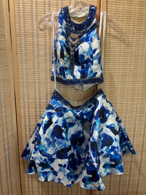 Rachel Allen Blue Floral Beaded Two-Piece Prom Dress thumbnail 7