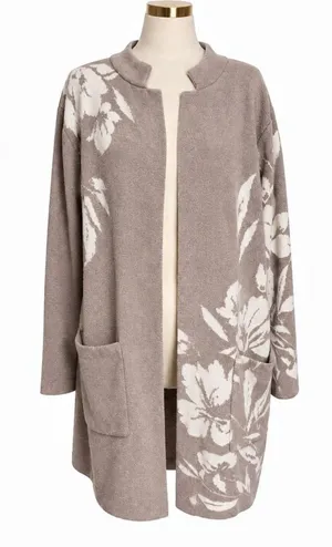 Joie XL Floral Intarsia Longline Cardigan Taupe Ivory Open Front Sweater thumbnail 1