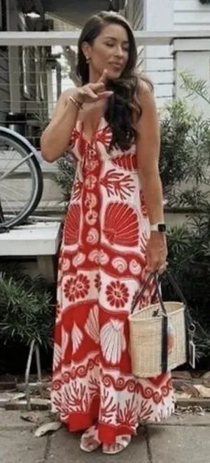 Calypso‎ St Barth Maxi Dress Red White Linen Blend Shells Boho Resort Size XS thumbnail 1