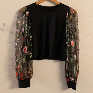 Black Crop Top with Floral Embroidered Statement Sleeves thumbnail 1