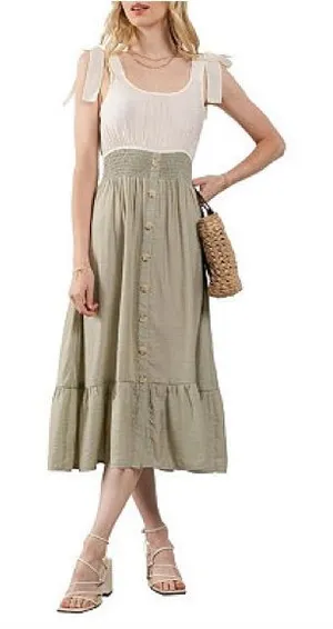 Blu Pepper Asymmetrical White and Green Resort Midi Dress size M NWOT thumbnail 1