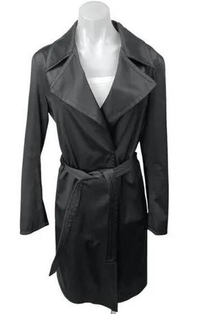 Zara Women's Black Faux Vegan Leather Belted Collar Trench Coat Rain Jacket Sz M thumbnail 1