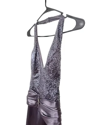 Vintage Lenovia Y2K Charcoal Gray Halter Formal Dress Gown Sequin Ruched thumbnail 3
