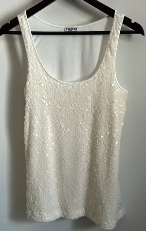Express Dressy Women’s Ivory Translucent Sequin Long Scoop Neck Tank Top thumbnail 1