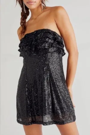 Free People Women's Black Frida Sequin Ruffle Strapless Mini Dress thumbnail 1